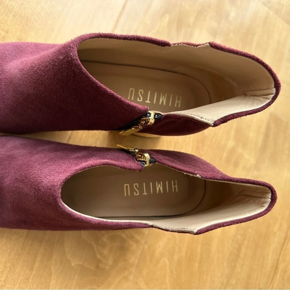 Himitsu Burgundy Suede Pointed Toe Ankle Booties, Size 39